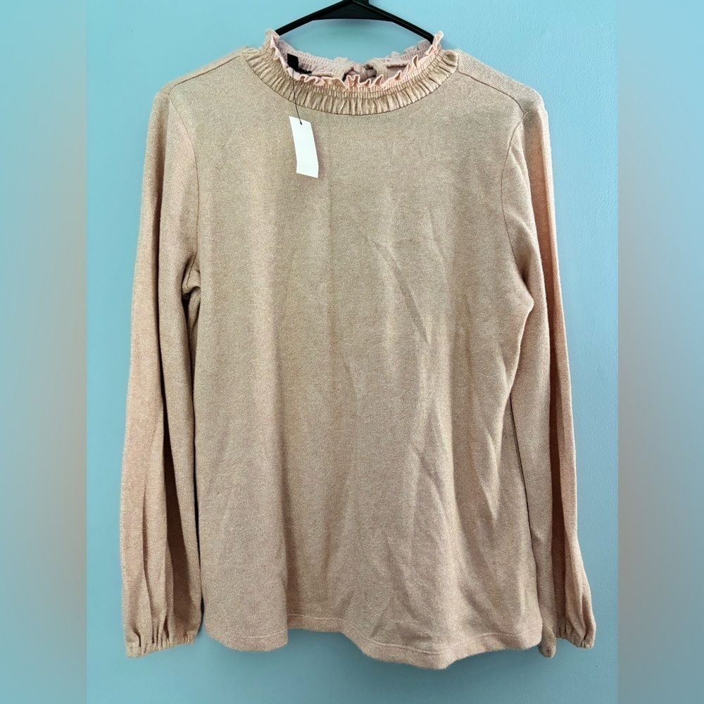 Talbots Long Sleeve Top Womens Size Medium Petite Pink Shimmer Metallic Tie Neck